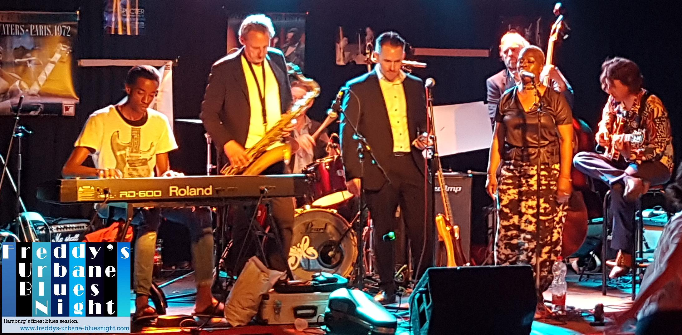 from let to right: Michael A. Dubya (keys), Karl (sax), Werner F. (drums), Holger Sibbe (hca.), Wolfgang S. (upright bass), Adi Wolf (voc.), Frederik S. (g.) at May 31st 2018, Indra Club 64, Hamburg. 